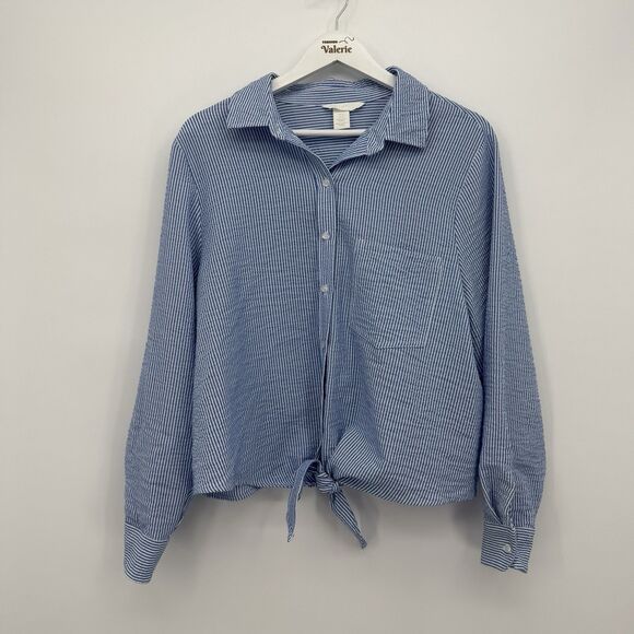 H&M Blue & White Pinstripe Button Front Tie Top Size US 12 - Picture 1 of 10